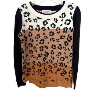 Juicy Couture Leopard Animal Print Cream Tan Crew Neck Long Sleeve Sweater SZ S